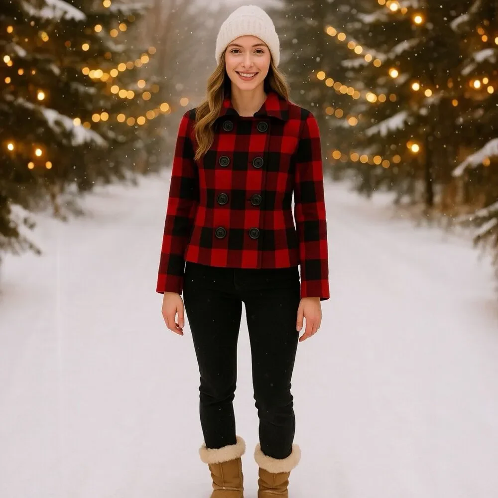 J Crew Womens 2 Red Black Buffalo Plaid Wool‎ Peacoat Fall Lumberjack - Picture 2 of 16